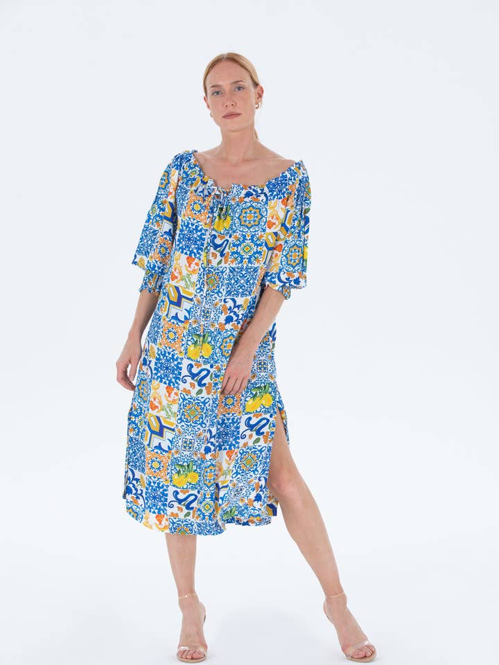 off skulder maxi kjole med middelhavs print for engroshandel hos Shiva Diva