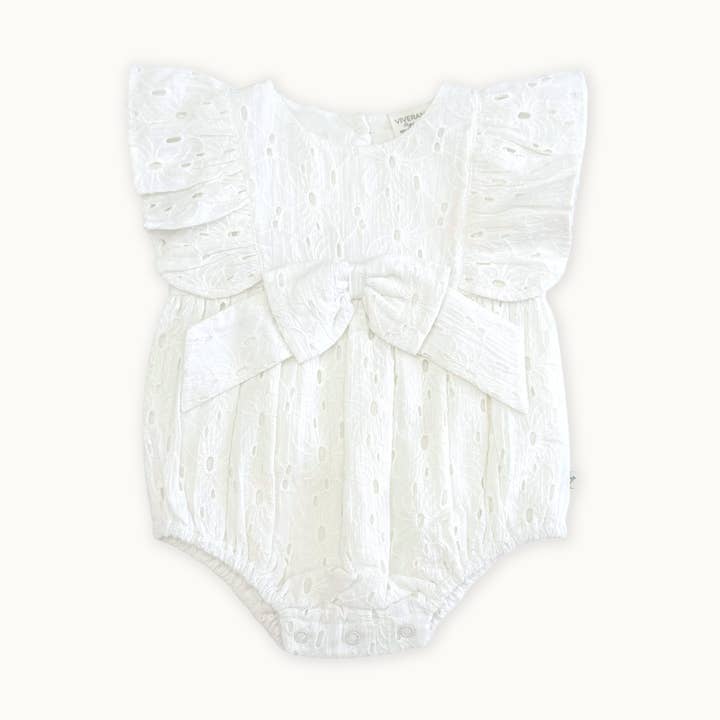 Luna Schiffli Ruffle & Bow Baby Girl Romper (Organic) for wholesale by Viverano Organics