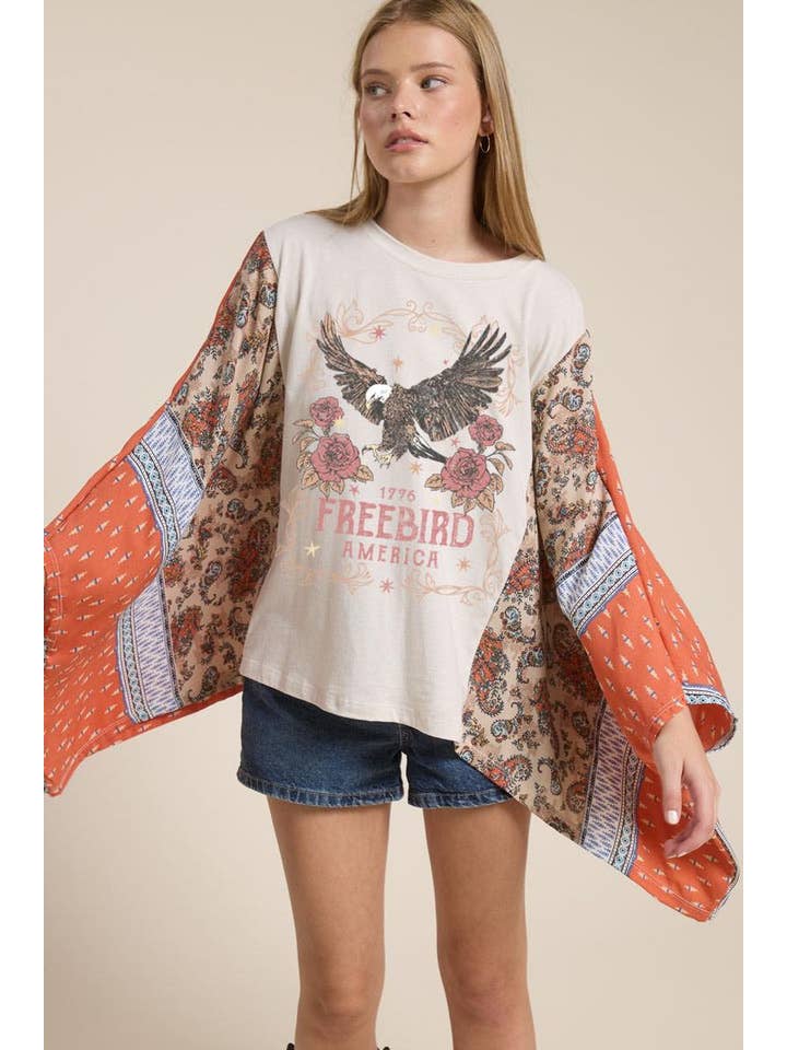 Zutter - Vente T-shirt sérigraphié – femme - Haut Kantha Graphique Free Bird America 17762