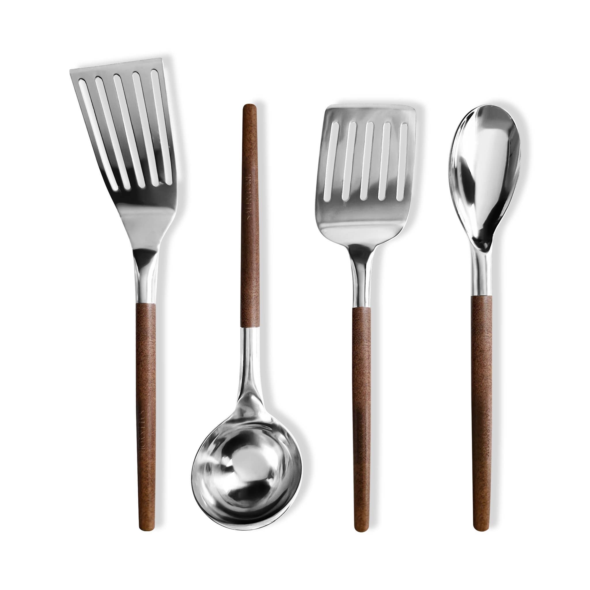 Salt & York - Wholesale Kitchen Utensil Set - 4 Piece Olive Wood or Walnut Wood Handle Utensil Set with St5