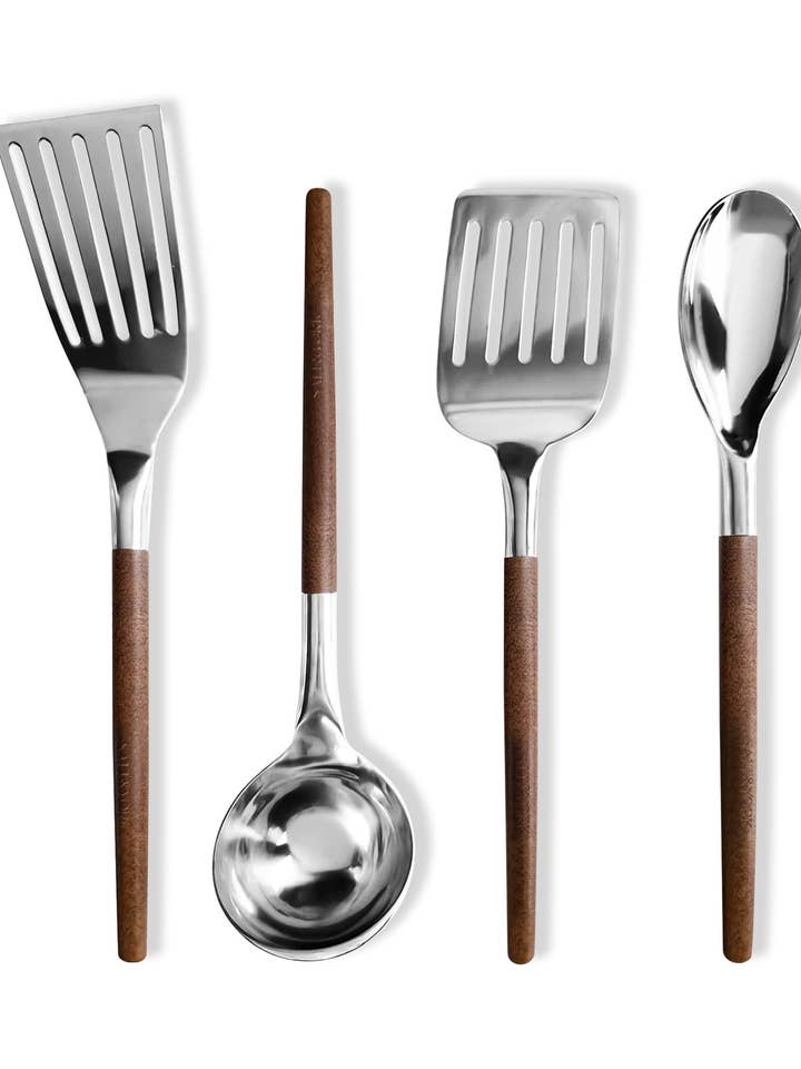 Olive/Walnut Wood Handle Utensil Set with Stainless Steel for wholesale by Salt & York