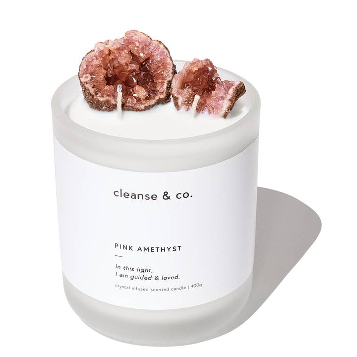 Cleanse & Co. - Wholesale Jar/filled candle - Pink Amethyst Intention Crystal Candle - guided & loved