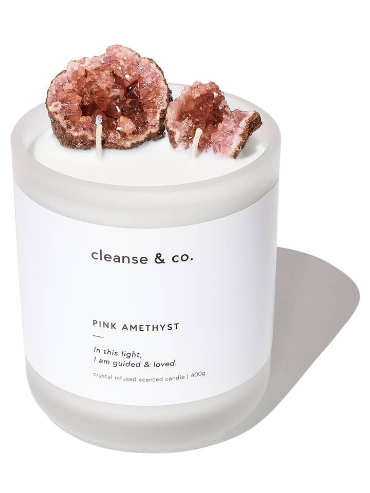 Pink Amethyst Intention Crystal Candle - guided & loved for wholesale by Cleanse & Co.