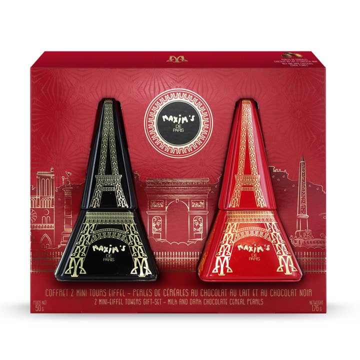 Conjunto com 2 mini Torres Eiffel com pérolas de chocolate sortidas por atacado de Maxim's