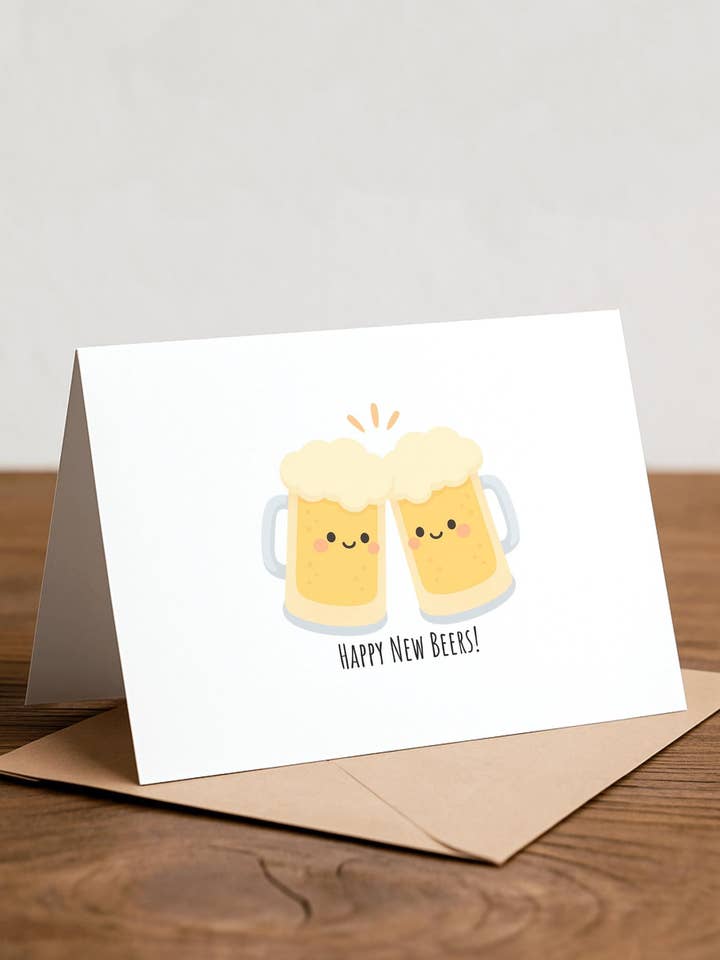 Lustige 'Happy New Beers!' Neujahrskarte für den Großhandel von Chewy Lemon Studio