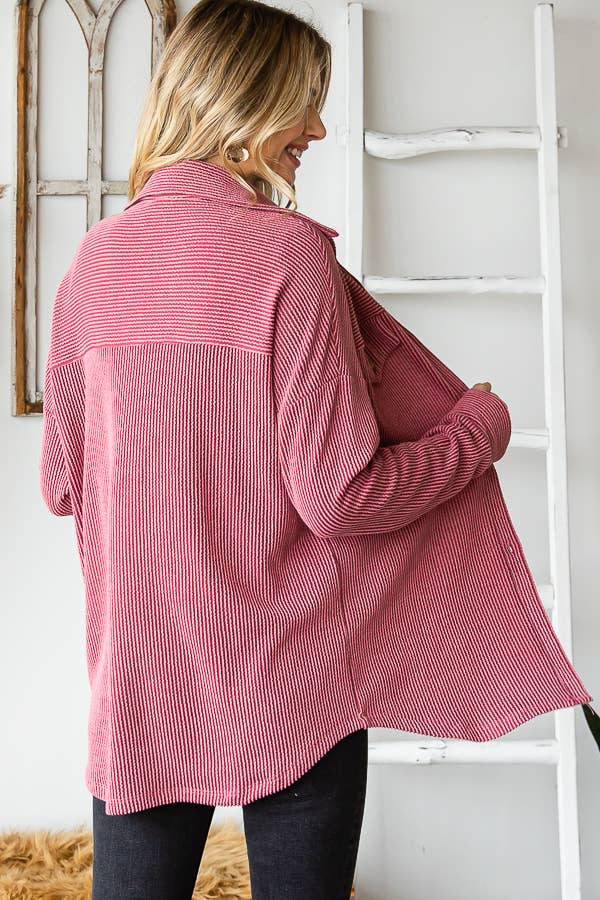 7th Ray - Wholesale Button Down Shirt - Women's - Rib Drop Shoulder Patch Pockets Button Down Shacket T480623