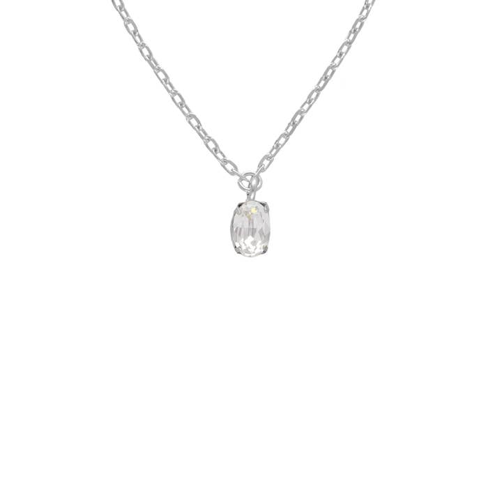 Short necklace with oval crystal Gemma in rhodium-plated silver for wholesale by Victoria Cruz