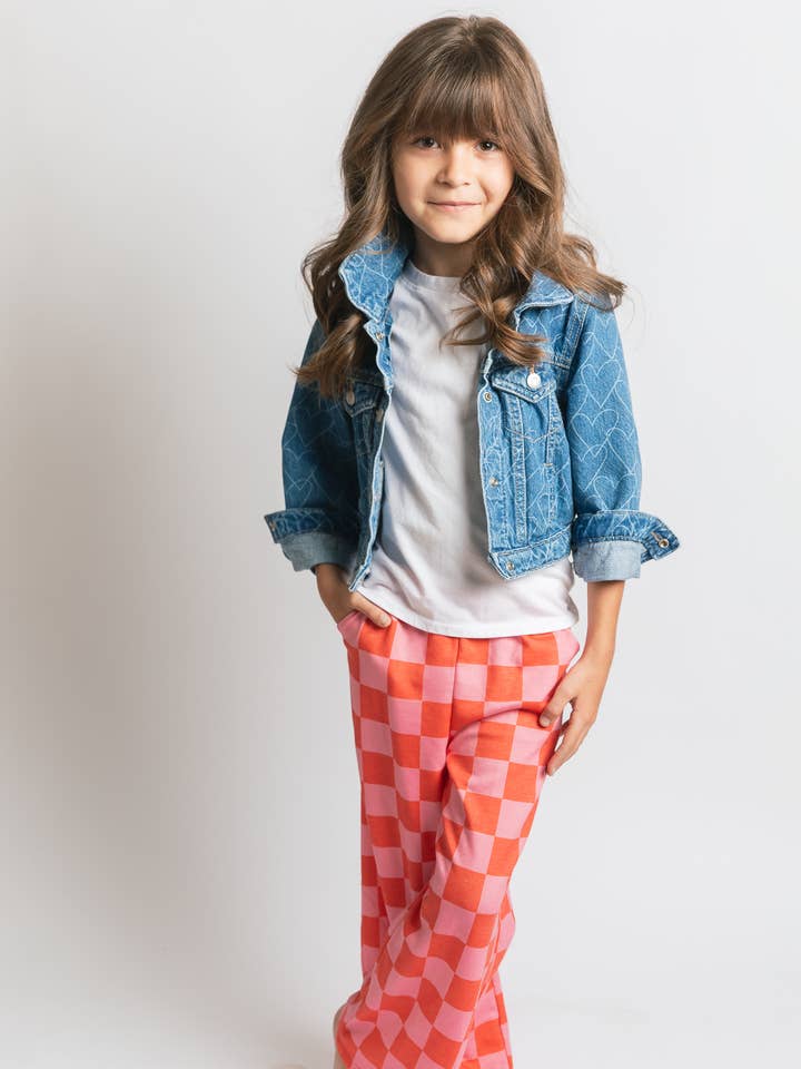 KID STYLE HIGH WAIST CHECKERD STRAIGHT LEG KNIT PANTS for wholesale by JADE BY JANE