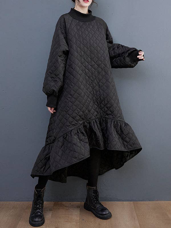 BLACK Casual Long Sleeves A-Line Rhombic Falbala High-Neck Midi Dresses for wholesale on Faire6