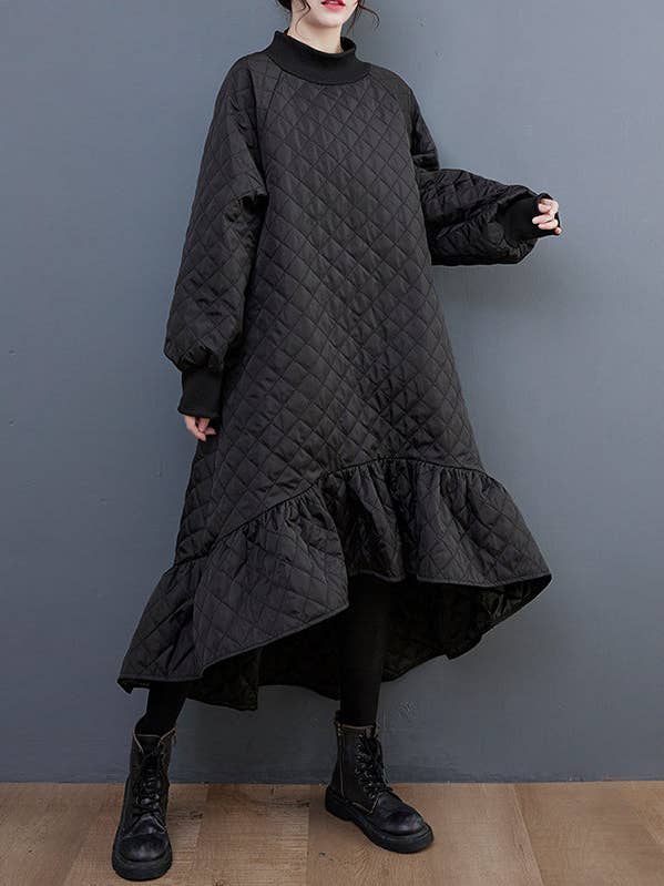 BLACK Casual Long Sleeves A-Line Rhombic Falbala High-Neck Midi Dresses for wholesale on Faire6