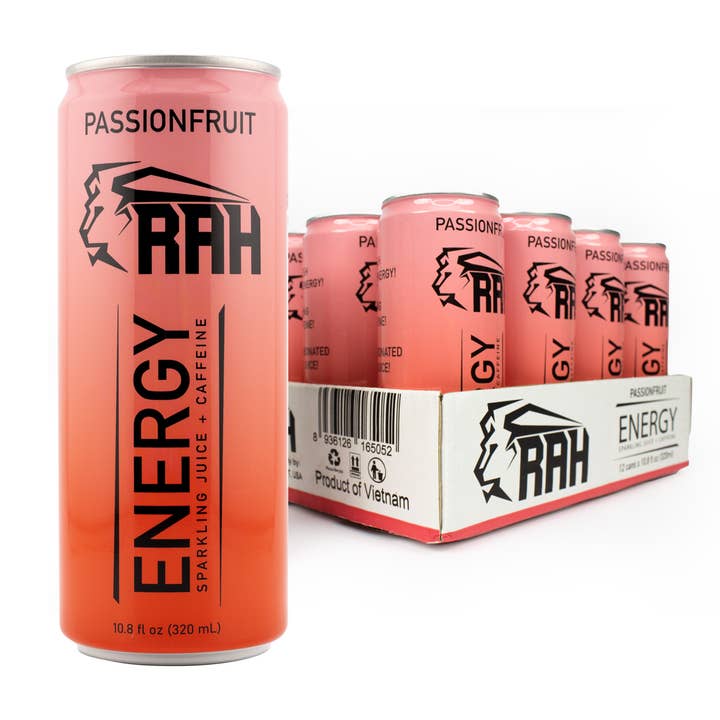 RAH Energy Drink, Passionfruit, Sparkling Juice 12 Pack for wholesale by RAH Beverage Co LLC