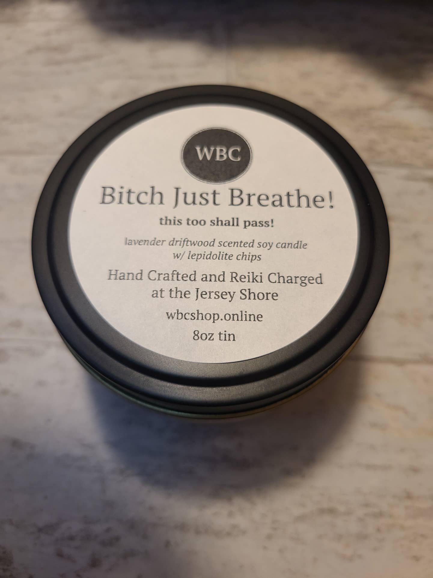 WBC Shops - Wholesale Travel Candles - Bitch Just Breathe, 8oz Intention Soy Candle Tins, Soothing3
