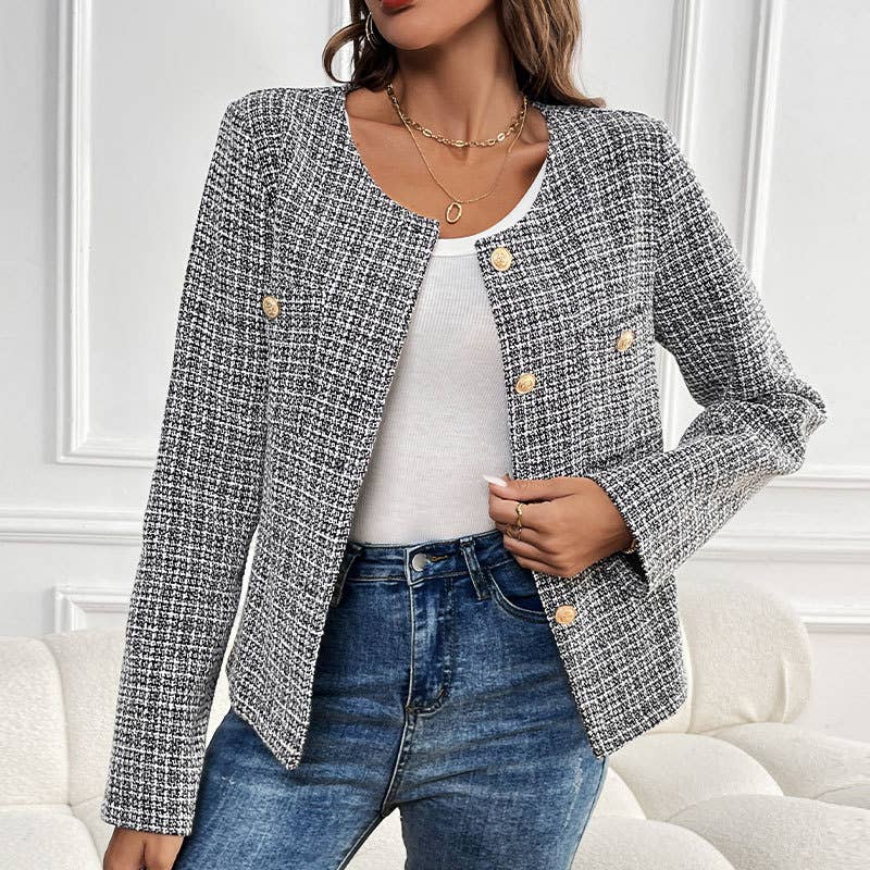 Black Tweed Button Front Blazer Jacket with Round Neckline for wholesale on Faire3