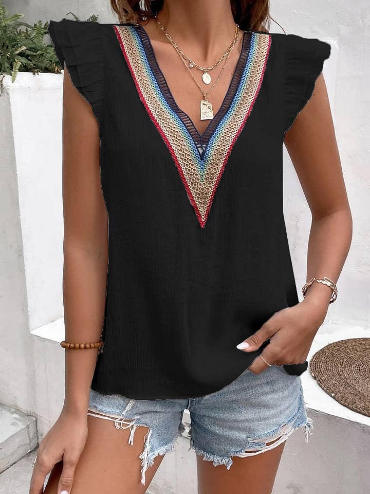 NINEXIS - Wholesale Blouse - Women's - CWTBLSL0245_V-NECK LACE PATCHWORK RUFFLED CASUAL TOP
