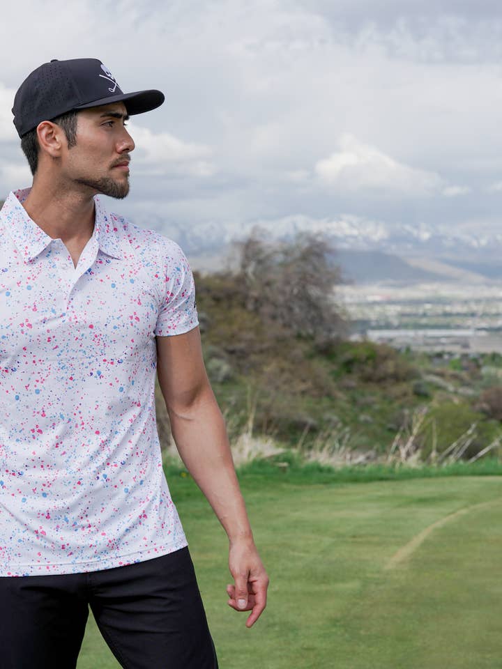 Shank It Golf - Vente Polo – homme - Polo Blanc Éclaboussures de Peinture2