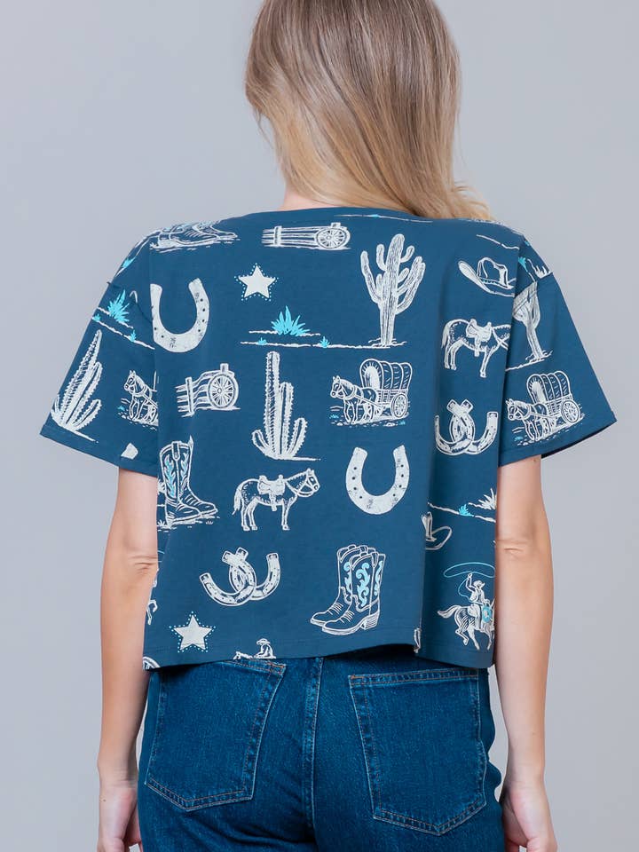 Taelynn - Vendita all'ingrosso Maglietta - Donna - HT28781T-MAGLIETTA A MANICHE CORTE CON STAMPA WESTERN E SCOLLO ROTONDO4