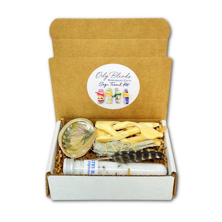 Mini Sage Smudge Travel Kit with Abalone Shell and Feather for wholesale by Oily Blends