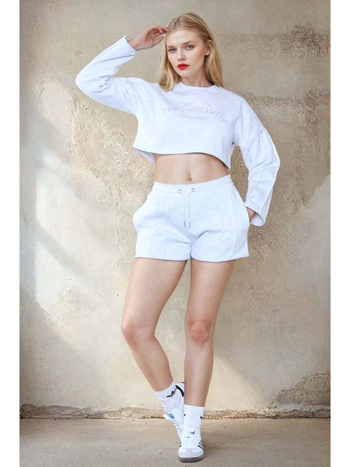 Missi Clothing – wholesale Lounge set – Women's – Santa Monica Embroidered LSF Crop Sweatshirt & Shorts Set (Pack of 4 Sets)3