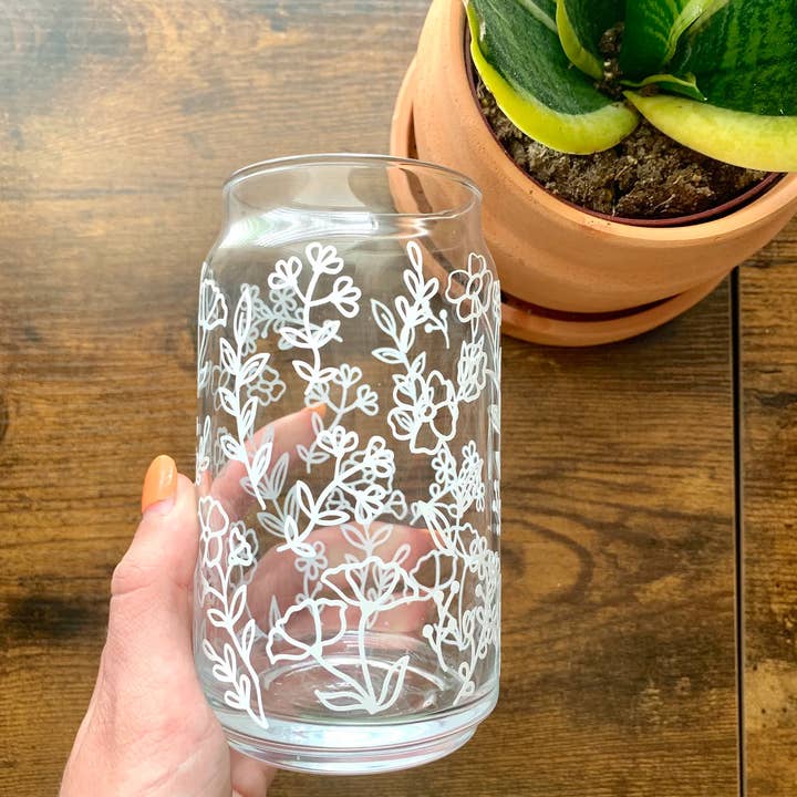 MarieDesignCo - Wholesale Drinking Glass/Cup - Floral coffee cup, 16 oz pint, glass can coffee cup3