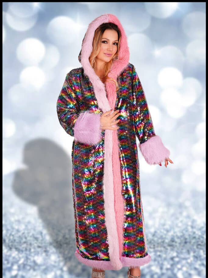 Multi 2649 - Sequin rainbow long coat with faux fur trim for wholesale on Faire0