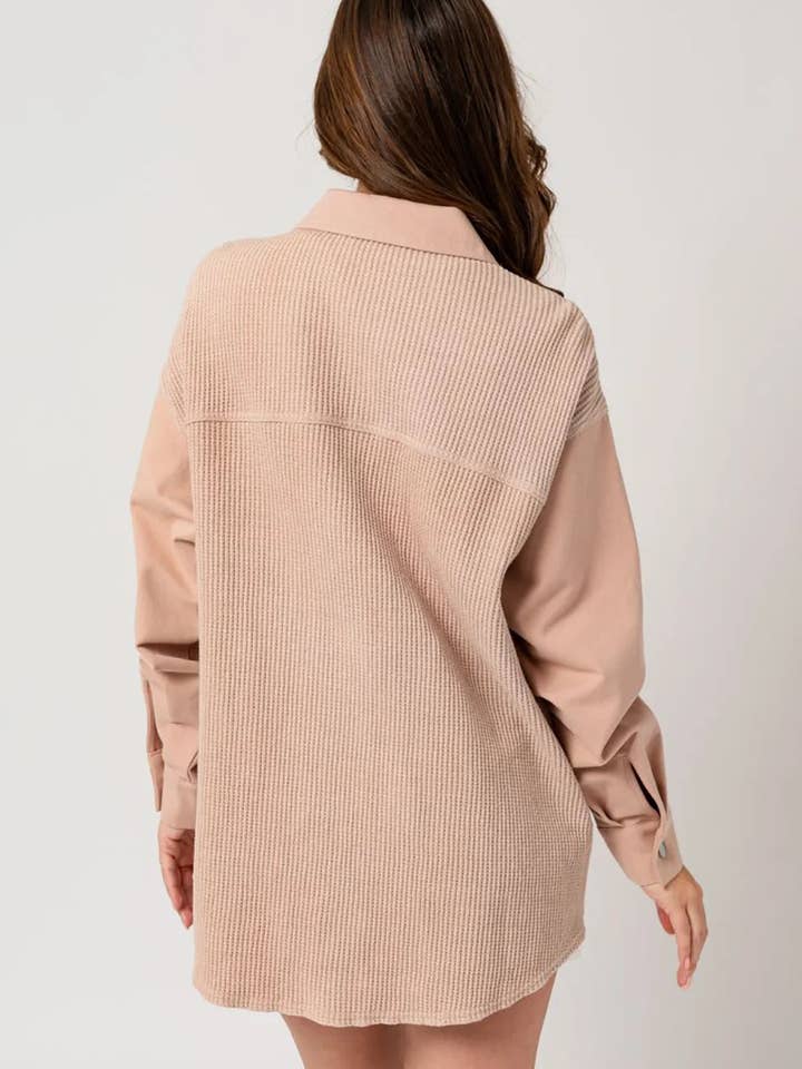 Dusty Blush Mixed Media Button Down Waffle Knit Shacket for wholesale on Faire1