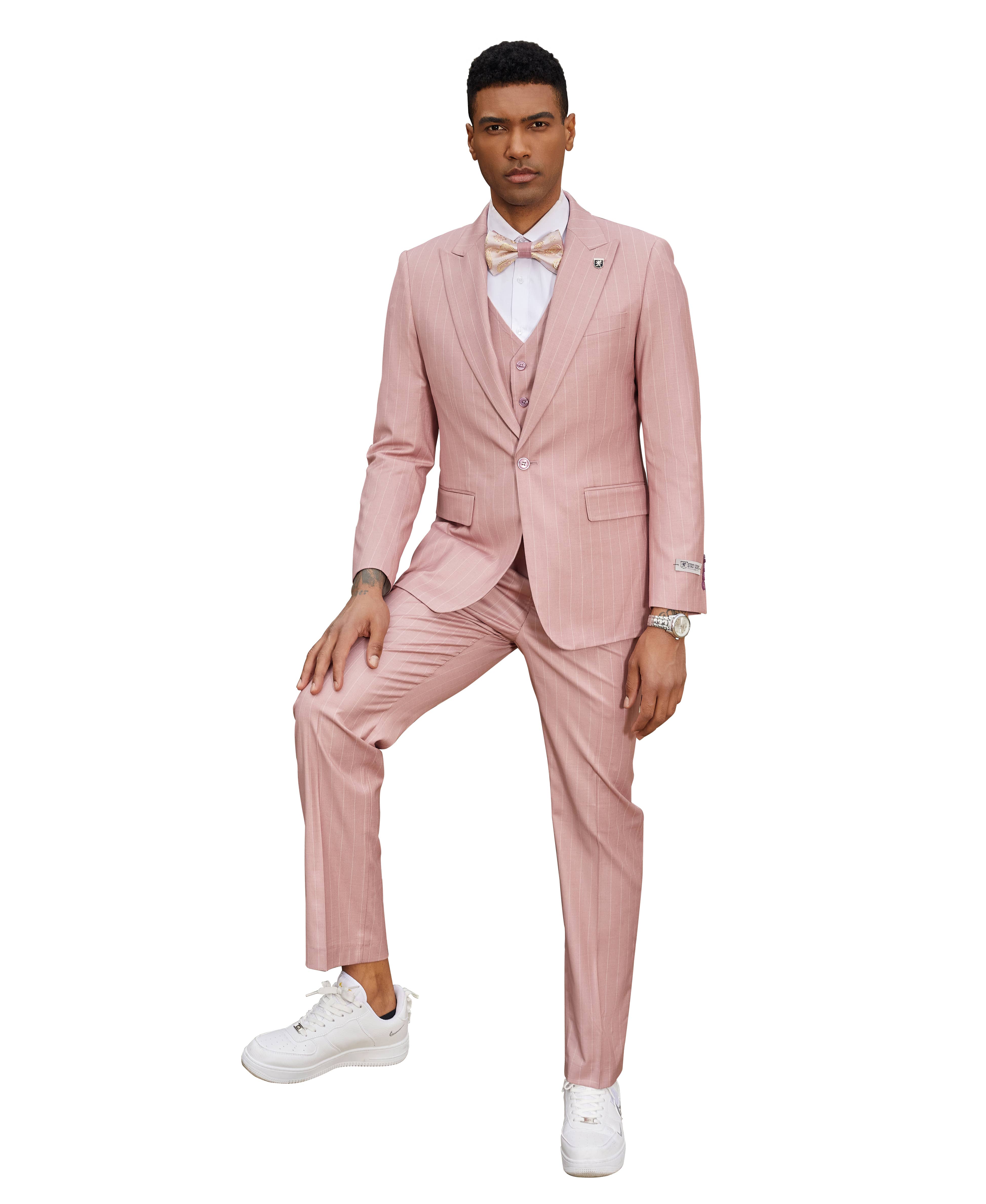 Rose Pink  Stacy Adams Hybrid Fit Pinstripe Suit w/ Reversible Vest for wholesale on Faire2