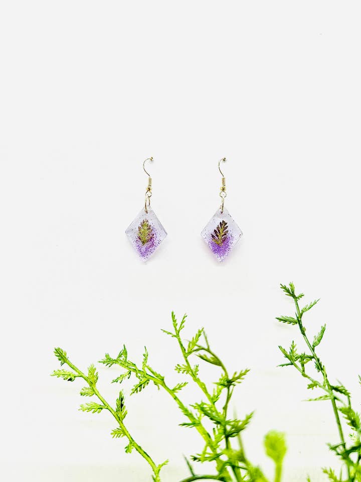Diamond Earrings with Green Leaves and Purple Glitter for wholesale by Lydia's Loops