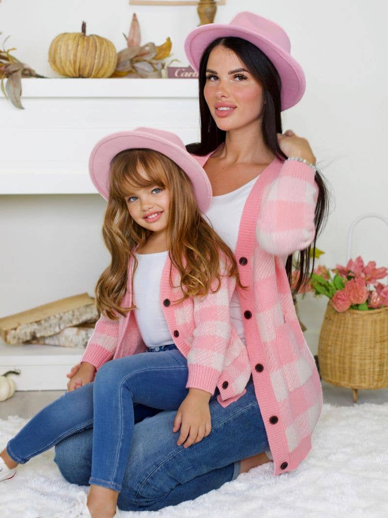 Mommy and Me Pink and White Checkered Oversized Cardigan for wholesale on Faire