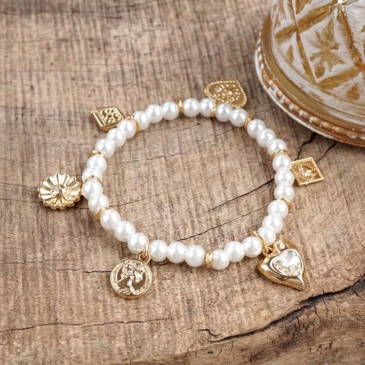 Golden Reverie – Multi-Charm Pearl Stretch Bracelet for wholesale by PennyLine inc
