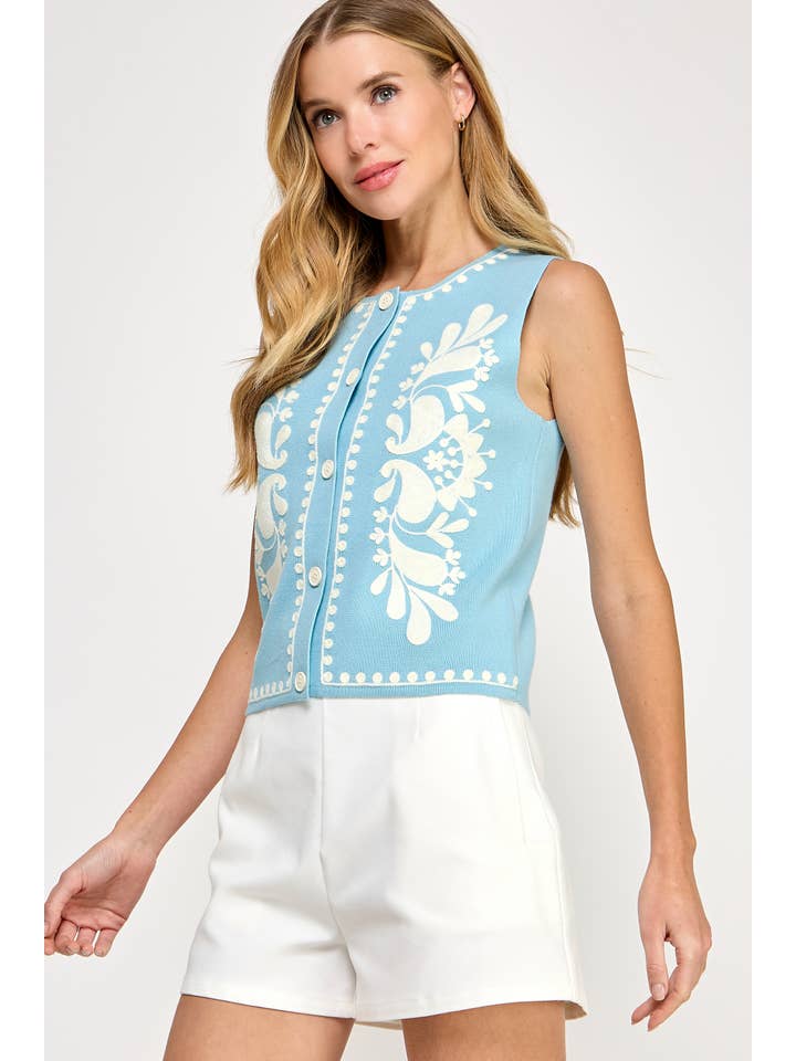 Strut & Bolt - Wholesale Outerwear Vest - Women's - Embroidered Sleeveless Knitted Vest Top