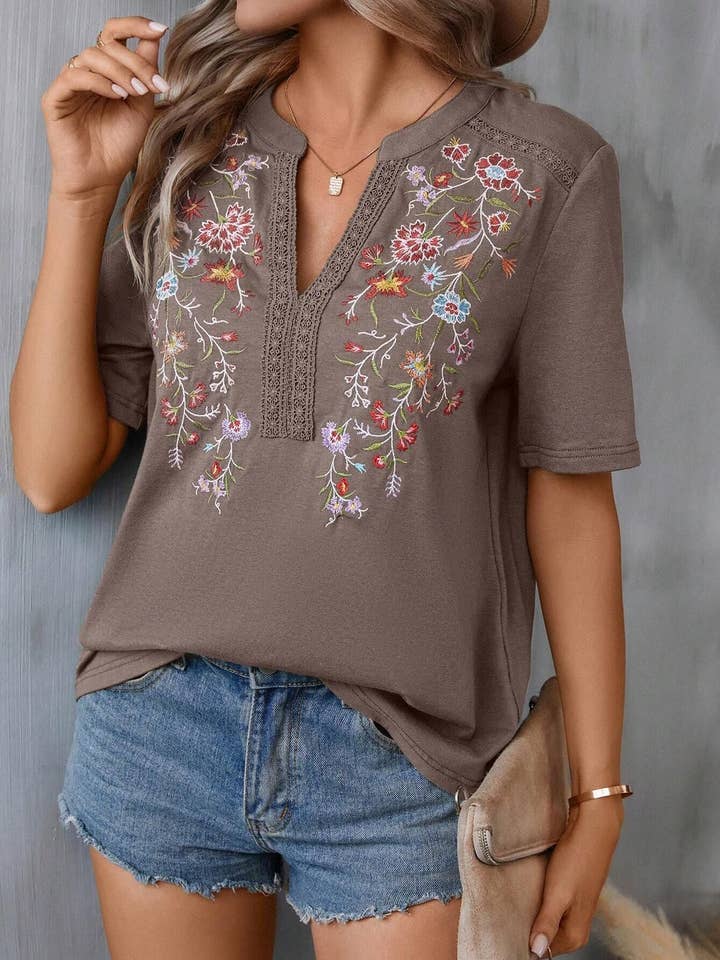 Summer Women's 10,000-Needle Embroidered Lace Spliced Top for wholesale by Suhkasana