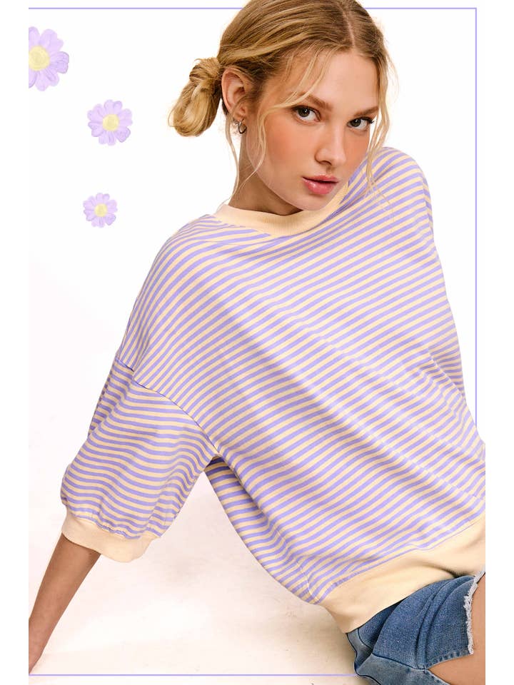 La Miel - Wholesale Knit Top - Women's - MCT7688-Loose Fit Striped Short Sleeve Crew Neckline Top