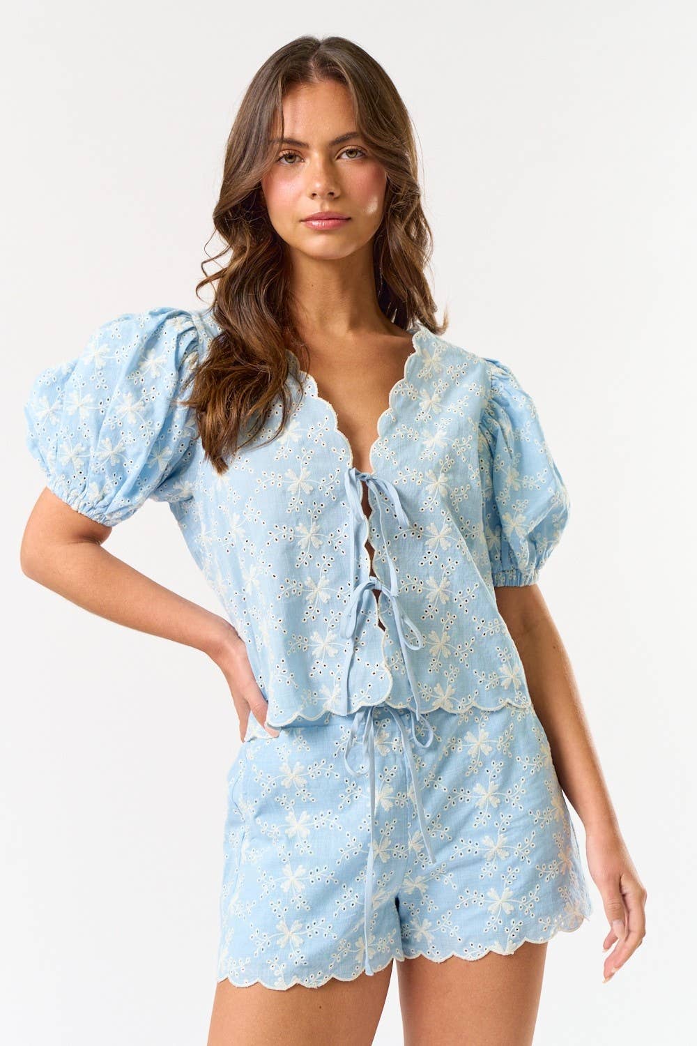 Blue Blush - Wholesale Top & Short Set (NOT Loungewear) - Women's - IBS32189 Linen Eyelet Tie Front Top with Matching Shorts2