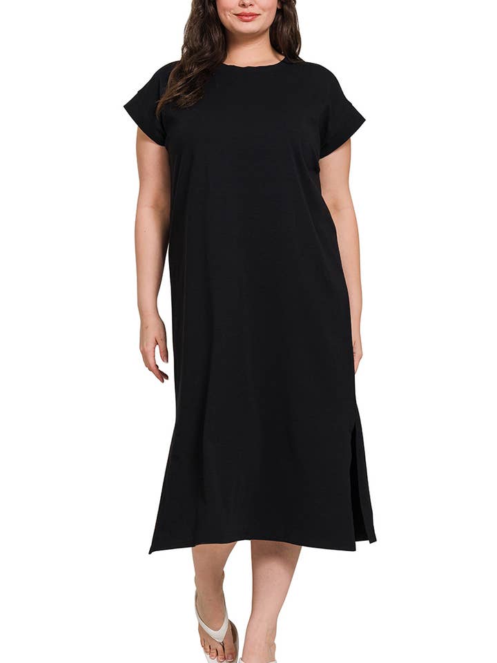 ._ 0624 Plus Round Neck Short Sleeve Midi Dress w/ Side Slit SI-2728 for wholesale by 42POPS