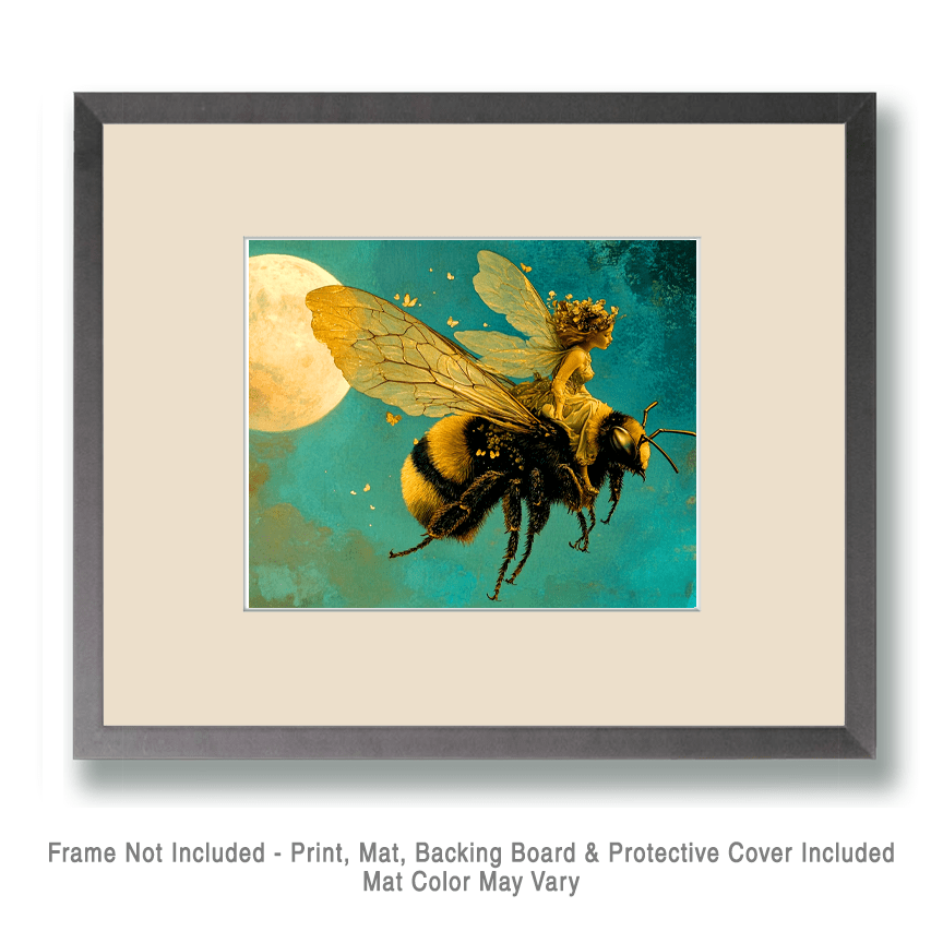 Mowbi - Wholesale Art Print - Fairy Riding Bumble Bee - Fairies Wall Art Prints – 8″x10″ Artwork for 11″x14″ Frame1