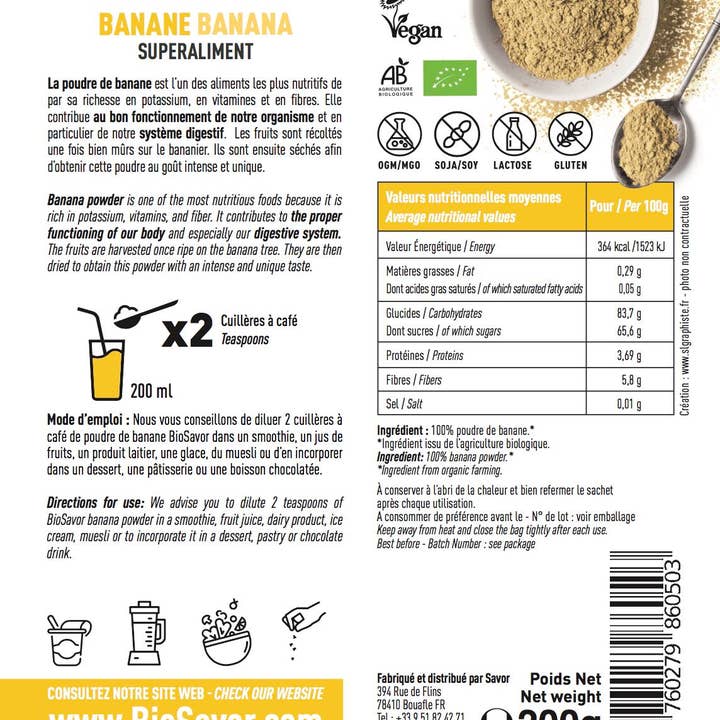 BioSavor – Engroshandel Protein-/superfoodpulver – Økologisk Bananpulver 200 g1