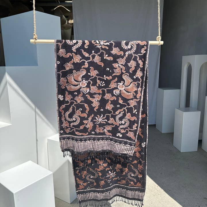 Office Objets - Wholesale Coverlet - Black and brown printed batik, Indonesian ceremonial fabric 185x5032