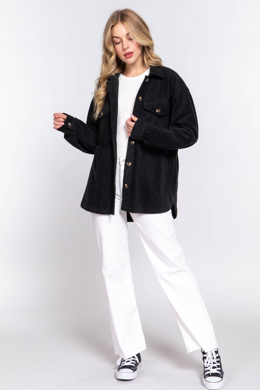 Active Basic | Active USA - Wholesale Shirt Jacket/Shacket - Women's - Long Sleeve Notched Collar Front Pocket Fleece Jacket 4