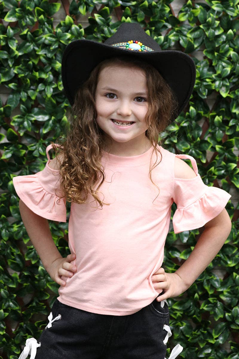 Kids Charm Online - Wholesale T-Shirt - Kids - COLD SHOULDER PEACH RUFFLE SLEEVE TOP. SY-DLH4079K WENDY1