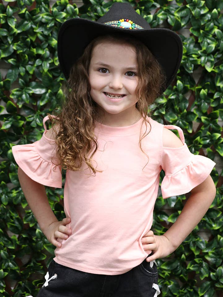 Kids Charm Online - Wholesale T-Shirt - Kids - COLD SHOULDER PEACH RUFFLE SLEEVE TOP. SY-DLH4079K WENDY1