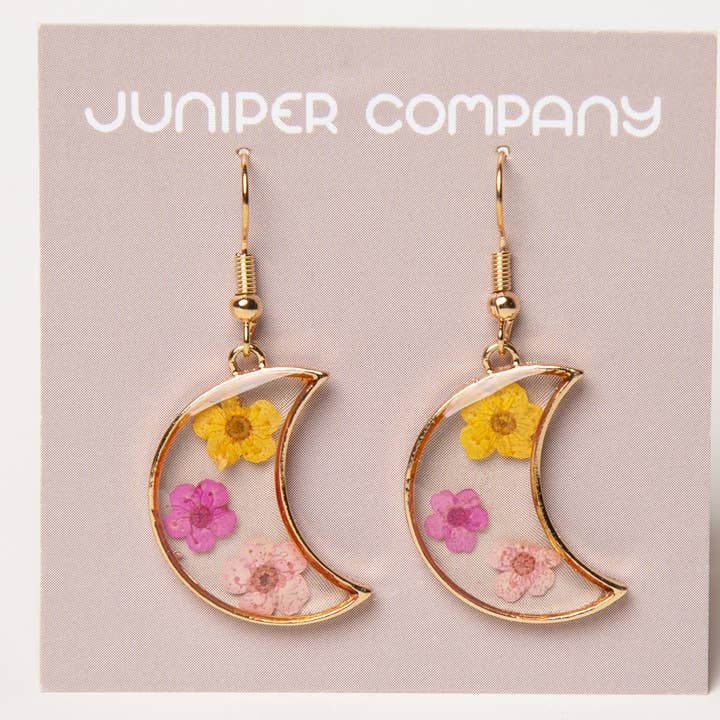 Boucles d'oreilles Yellow Pink Blush Moon, véritables fleurs pressées pour la vente par Juniper Company