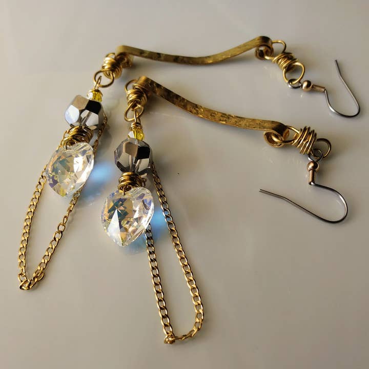 Swarovski Crystal Hearts Gold Chain Brass Dangle Earrings for wholesale by Norahz Boutique