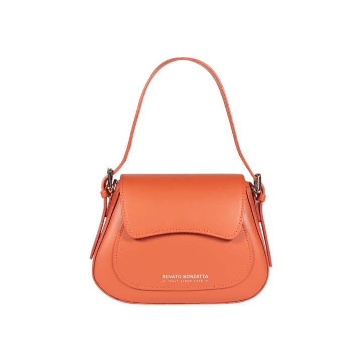 RB1030AM | Women's Shoulder Bag EMMA with Flap in Genuine Leather Made in Italy. Accessories in Shiny Silver Metal - Color Paprika - Dimensions: cm 24 x 18 x 9 + 14.5 (Handle Drop) for wholesale by Kaili mood / RENATO BORZATTA - Italy since 1978 -