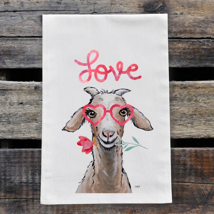 Serviette de sac de farine de chèvre de Saint-Valentin, torchon de ferme pour la vente par Hippie Hound Studios