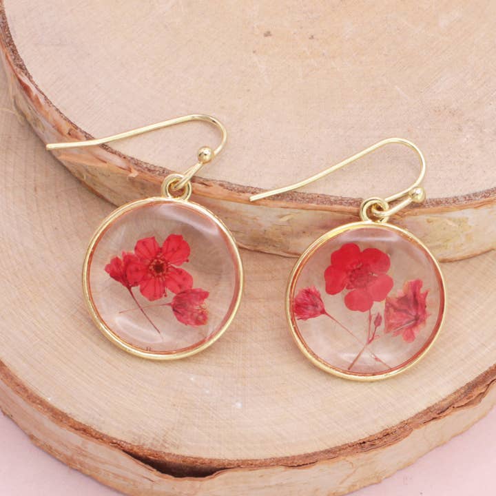 Cottage Dark Pink Dried Flower Round Earrings for wholesale by ZAD