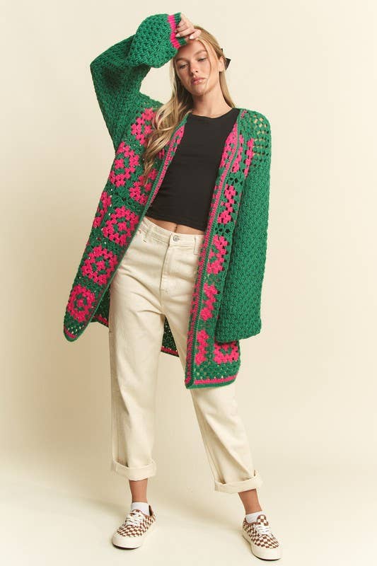 JADE BY JANE - Vente Cardigan – femme - Cardigan en maille ouverte bicolore en crochet carré à motif floral17