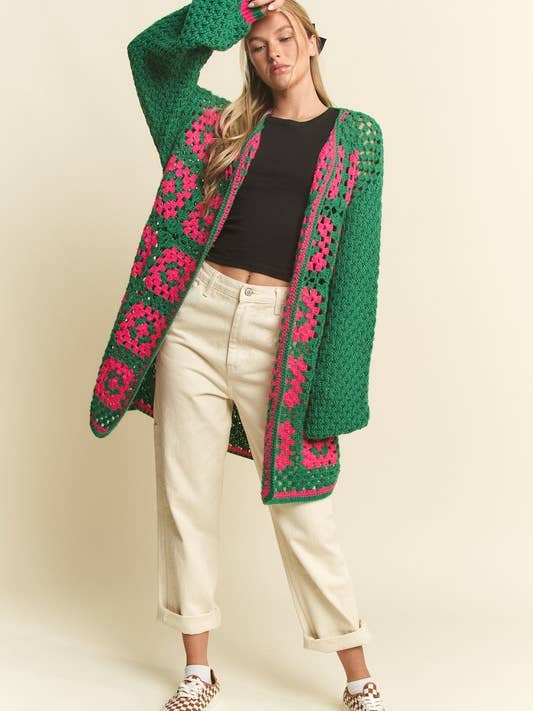 JADE BY JANE - Vente Cardigan – femme - Cardigan en maille ouverte bicolore en crochet carré à motif floral17
