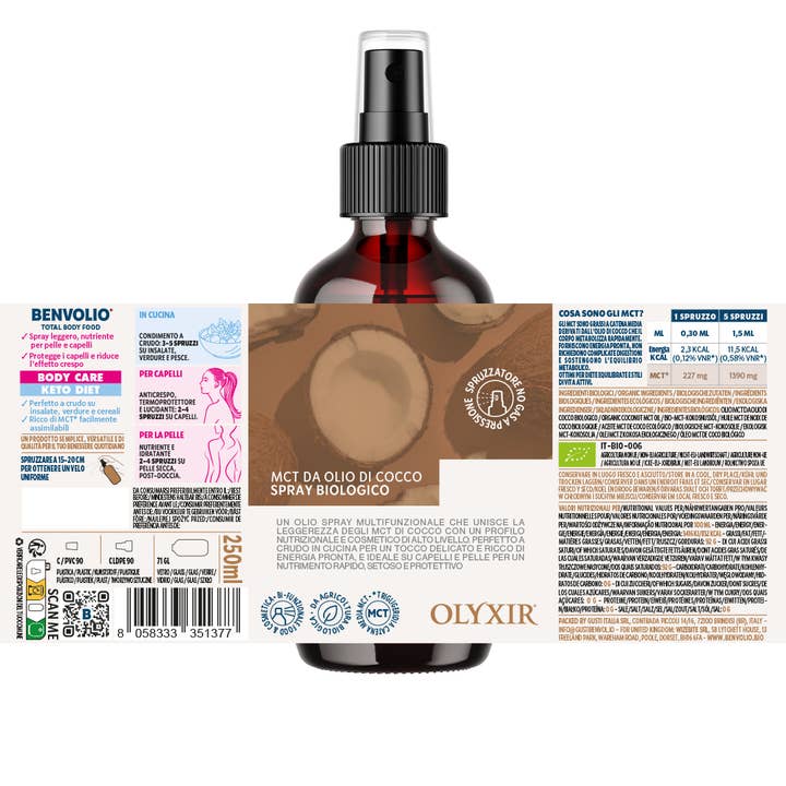 BENVOLIO.BIO by Wizebite S.r.l. SB - Wholesale Cooking Oil - BENEVOLIO 1938 OLYXIR Organic MCT Oil Coconut Spray 250ml6