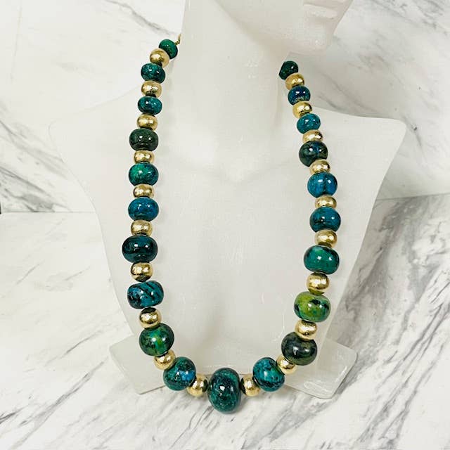Graduated Chrysocolla Beaded Necklace with Gold Spacer Beads for wholesale by Anita K By Blushing Pink