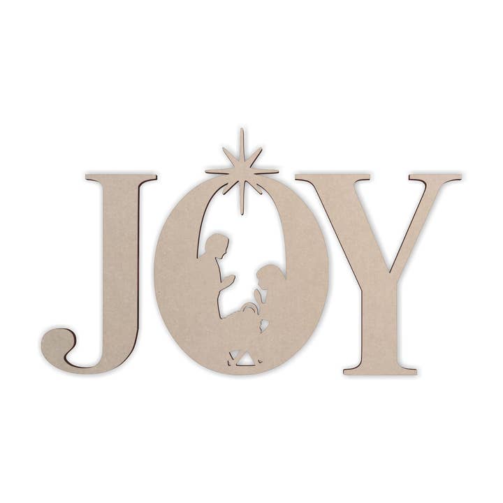 Houten bord „Joy With Manger Scene In The (O)” - Uitgesneden voor wholesale door Jess and Jessica